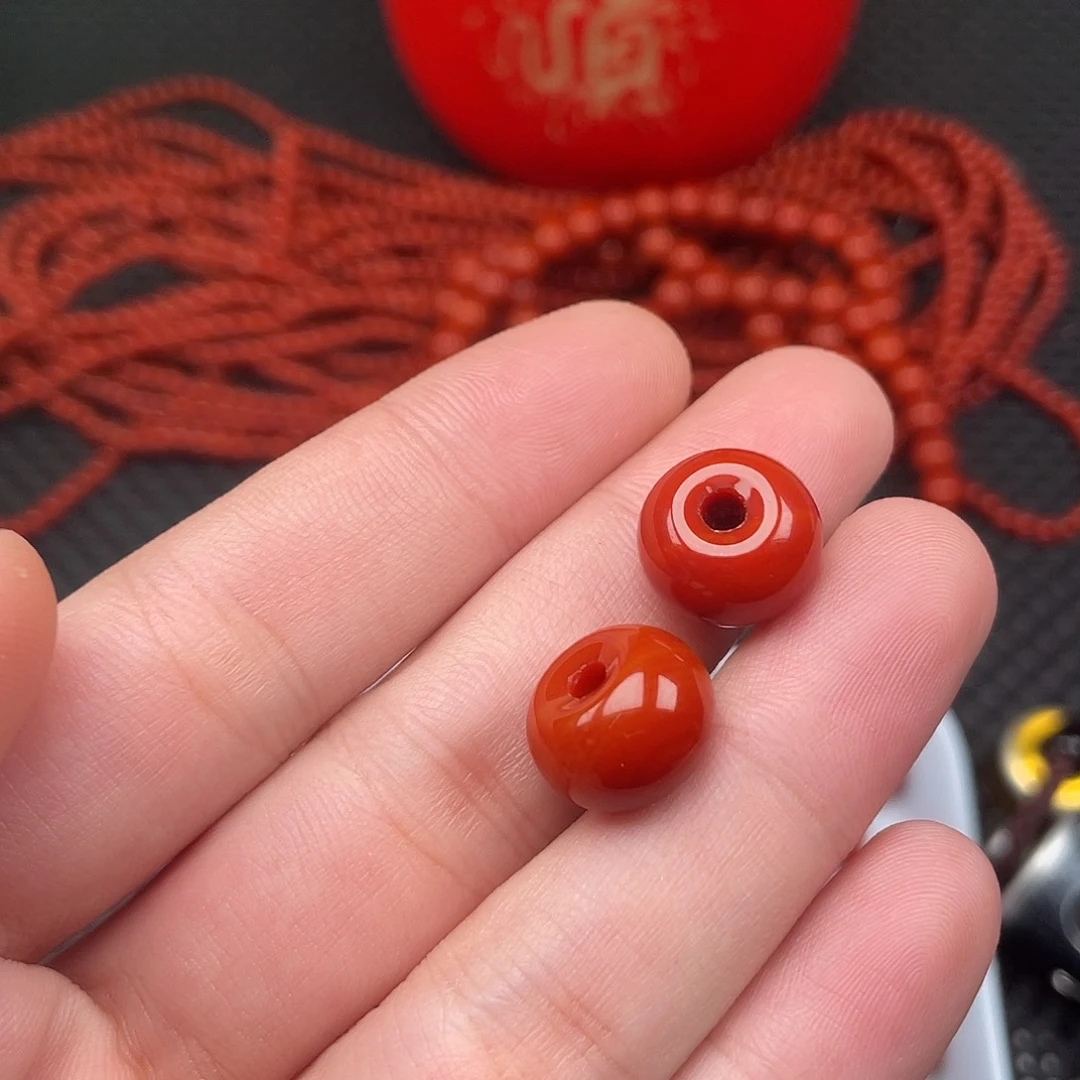 南红玛瑙未镶嵌9*14柿子红甜甜圈一组2颗