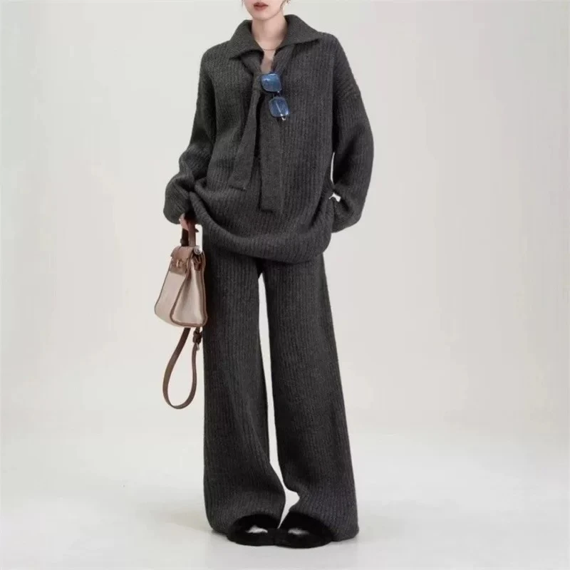 慵懒松弛感POLO领结毛衣阔腿裤套装时尚洋气减龄显瘦遮肉两件套