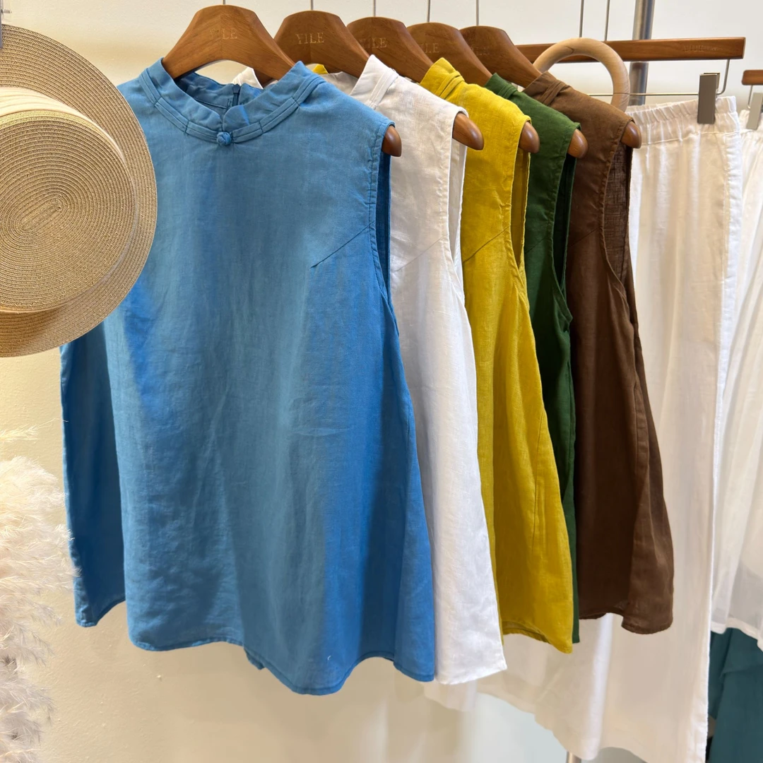 YILE·【云璟】中式极简100%亚麻立领盘扣后拉链A字版无袖衬衫