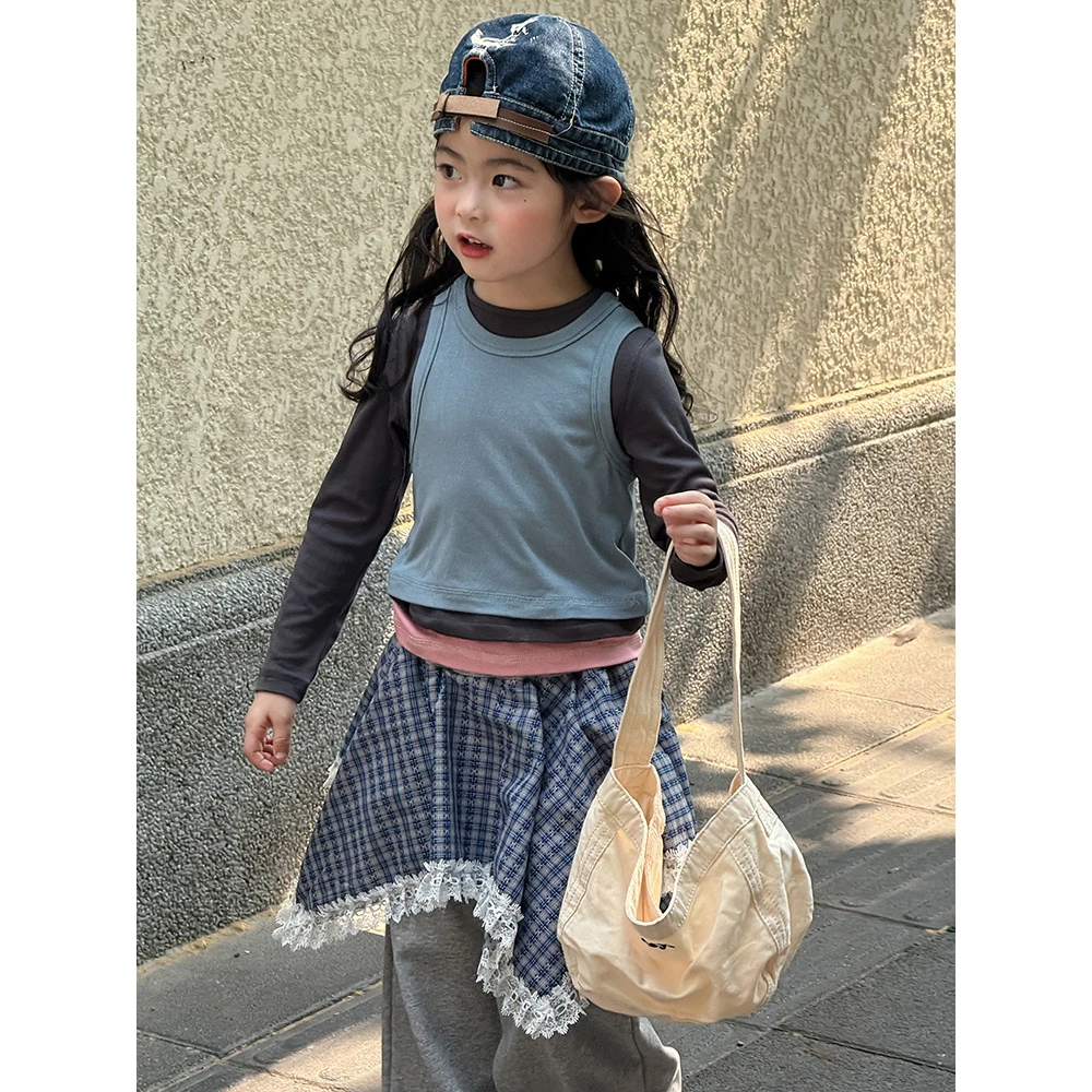 2025秋装新款女宝休闲假三件撞色打底衫时髦百搭上衣长袖潮童装