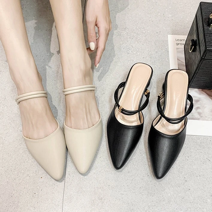 红蜻蜓金典一脚蹬尖包头半拖穆勒鞋夏天外穿鞋子女3CM休闲淑圆跟