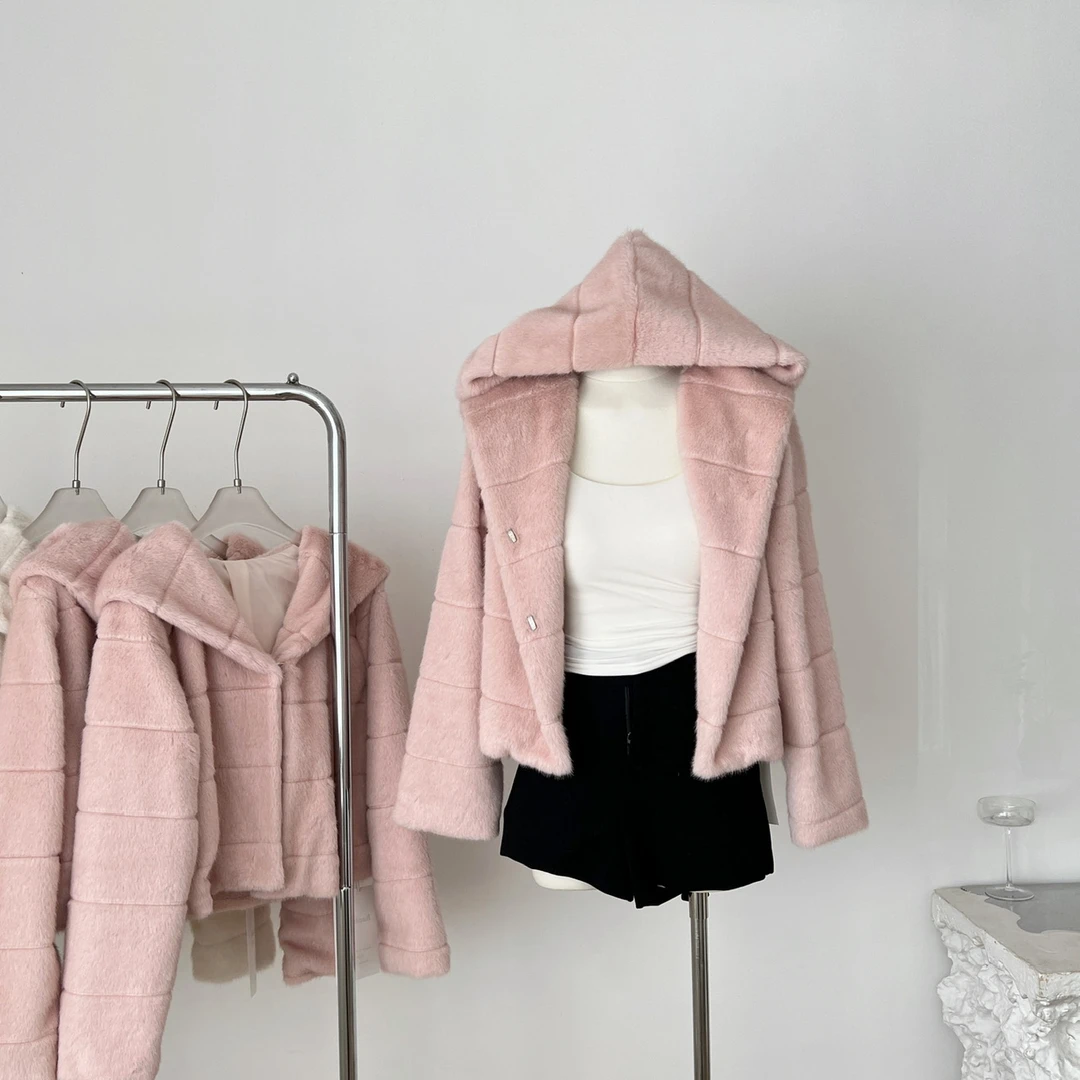 CreamySweet 娇娇貂 原创环保毛毛外套 粉白仿貂毛皮草外套女冬