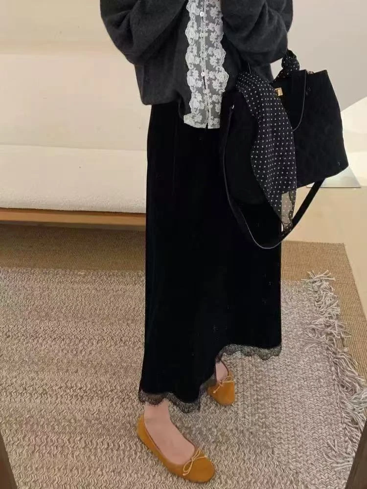 2025春季新款复古蕾丝拼接百搭半身裙女垂坠感后开叉显瘦中长裙