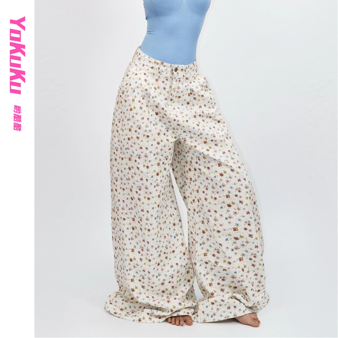 哟酷酷（请你看花） 多巴胺碎花百搭宽松显瘦牛仔棉阔腿休闲裤157