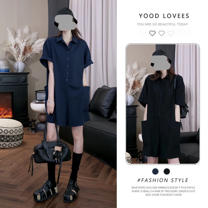 美式宽松纯色翻领短袖连体衣裤高端大气上档次夏休闲连体裤女潮