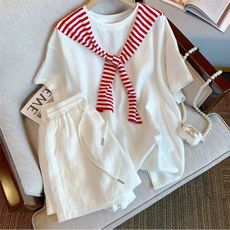 韩系极简风套装女夏季设计感撞色条纹披肩圆领短袖T恤短裤两件套