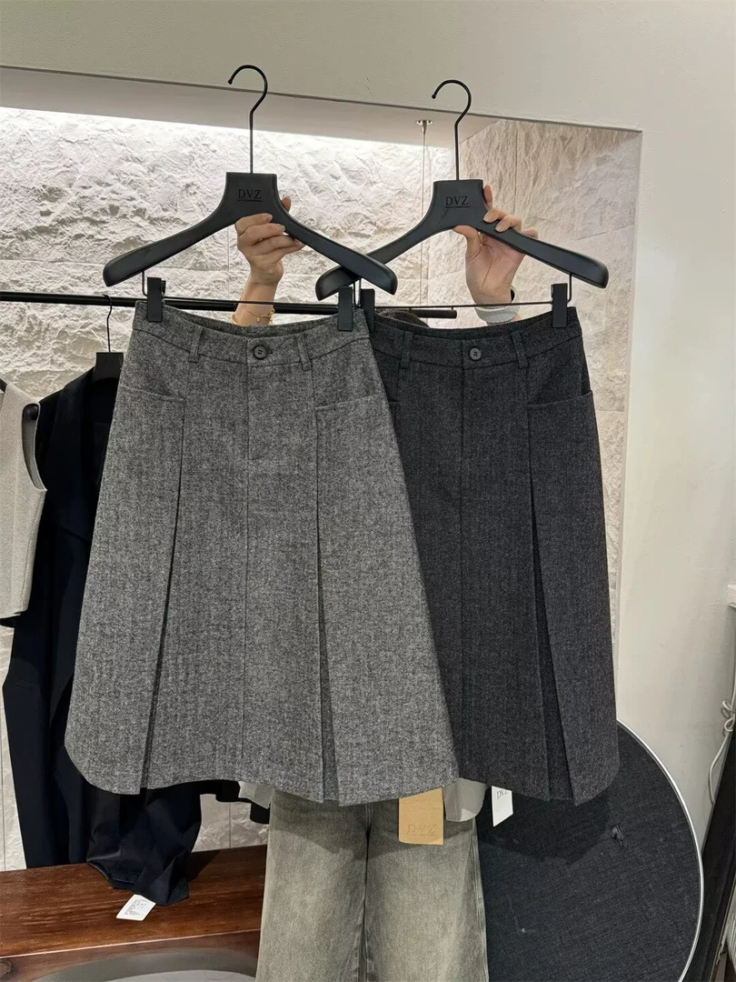 羊毛人字纹A型褶裥裙女秋冬大码格雷灰系百褶裙高腰中长款半身裙