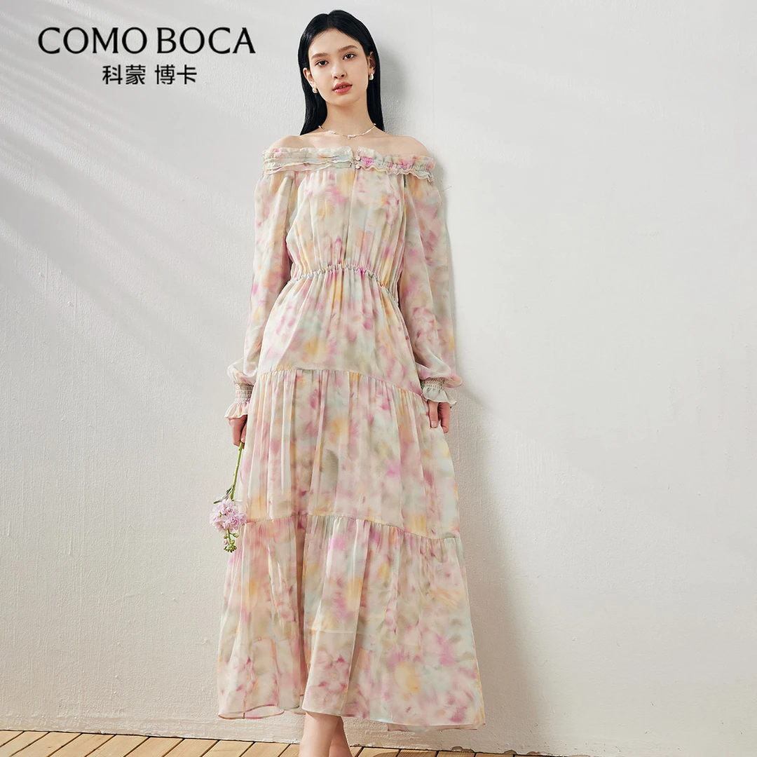 COMOBOCA/科蒙·博卡25桑蚕丝印花一字领蛋糕碎花连衣裙KXTMLML602