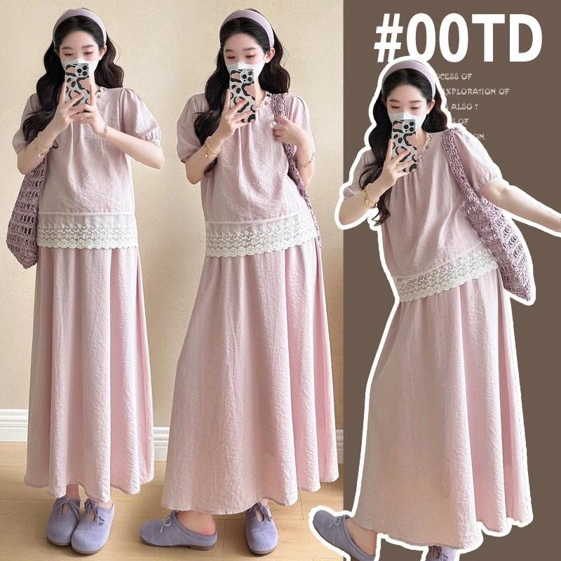 孕妇装2025夏季新款大码韩版蕾丝拼接上衣+猪鼻扣半身裙套装