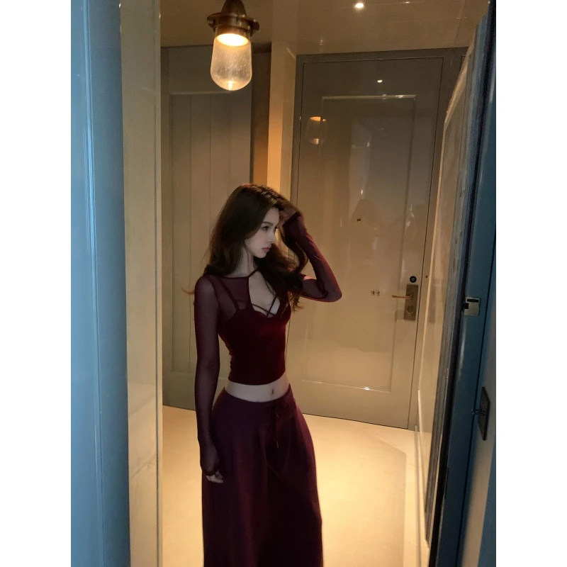 设计感黑色镂空长袖修身上衣女2025秋新款高腰百搭休闲阔腿裤套装