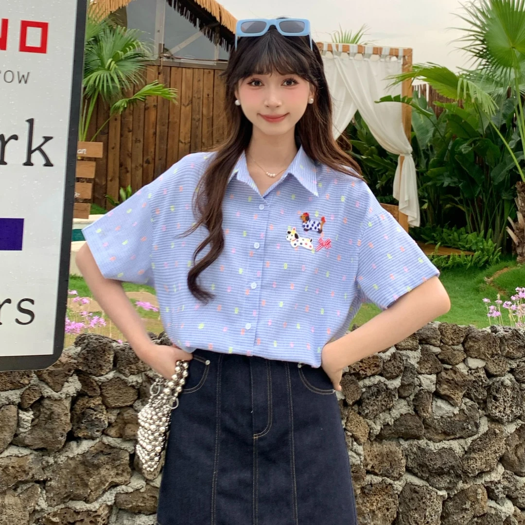 慕兔韩系小清新学院风小狗刺绣衬衫上衣2025夏季新款百搭设计短袖