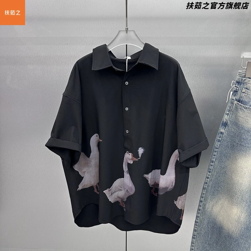 2025夏季新款美式复古鸭子印花短袖衬衫男宽松休闲设计宽松上衣