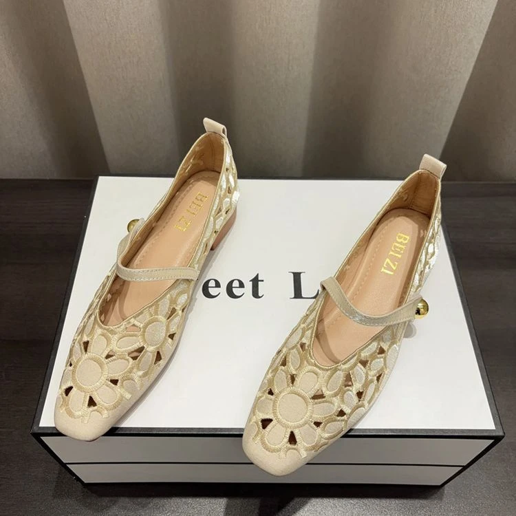 复古镂空低跟浅口粗跟单鞋女2025春夏季新款百搭方头软底包跟凉鞋