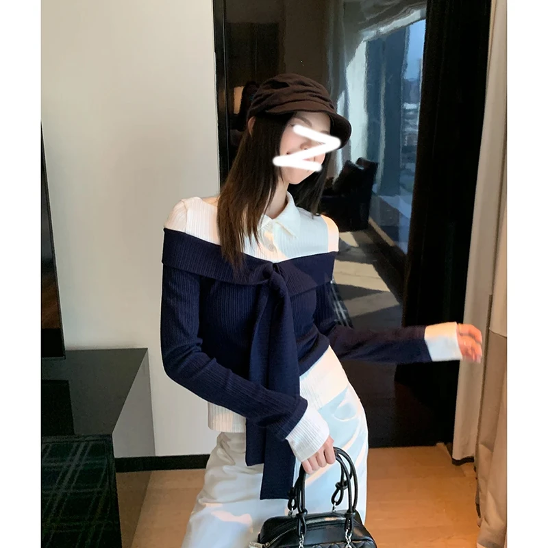 智性薄雾 秋冬扭结针织衬衫长袖上衣藏蓝色拼白绑带肌理感假两件T