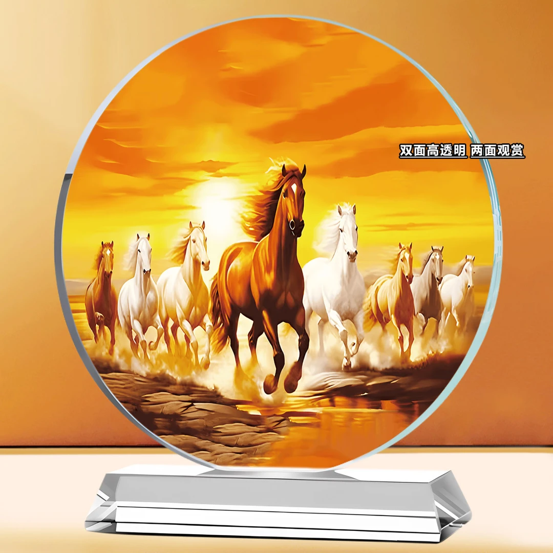 八骏图客厅水晶摆件骏马图装饰画马到成功办公室国画桌面书房摆台