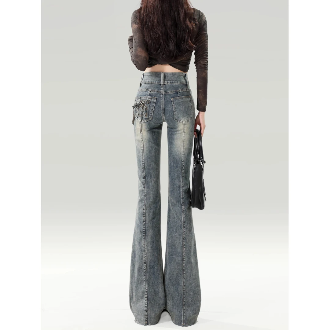 2025春季爆款美式复古设计感牛仔长裤女高腰显瘦个性辣妹马蹄裤