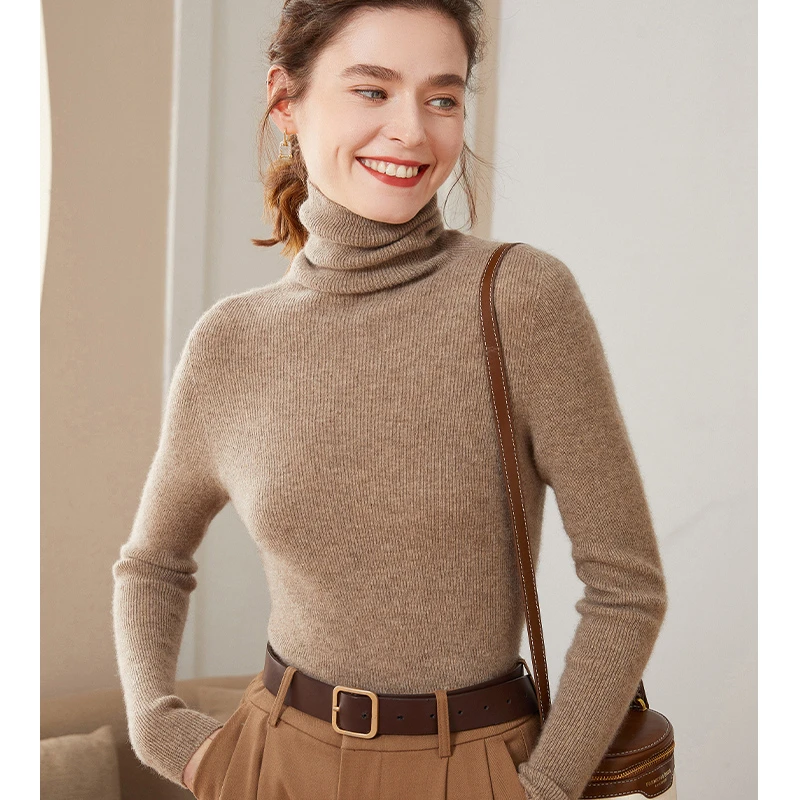 高领一线抽条羊绒衫