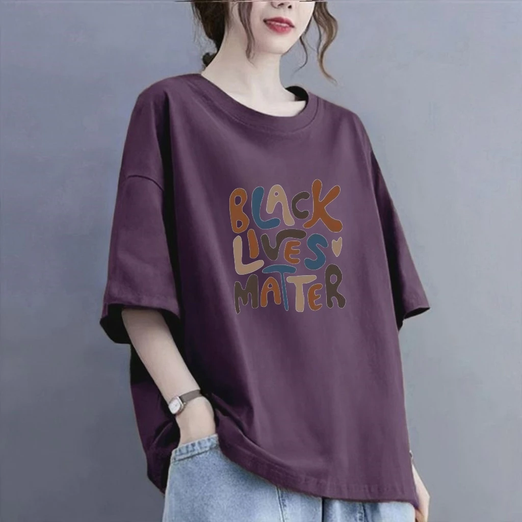 100%纯棉短袖t恤女夏季大码宽松遮肚子显瘦圆领洋气减龄休闲上衣