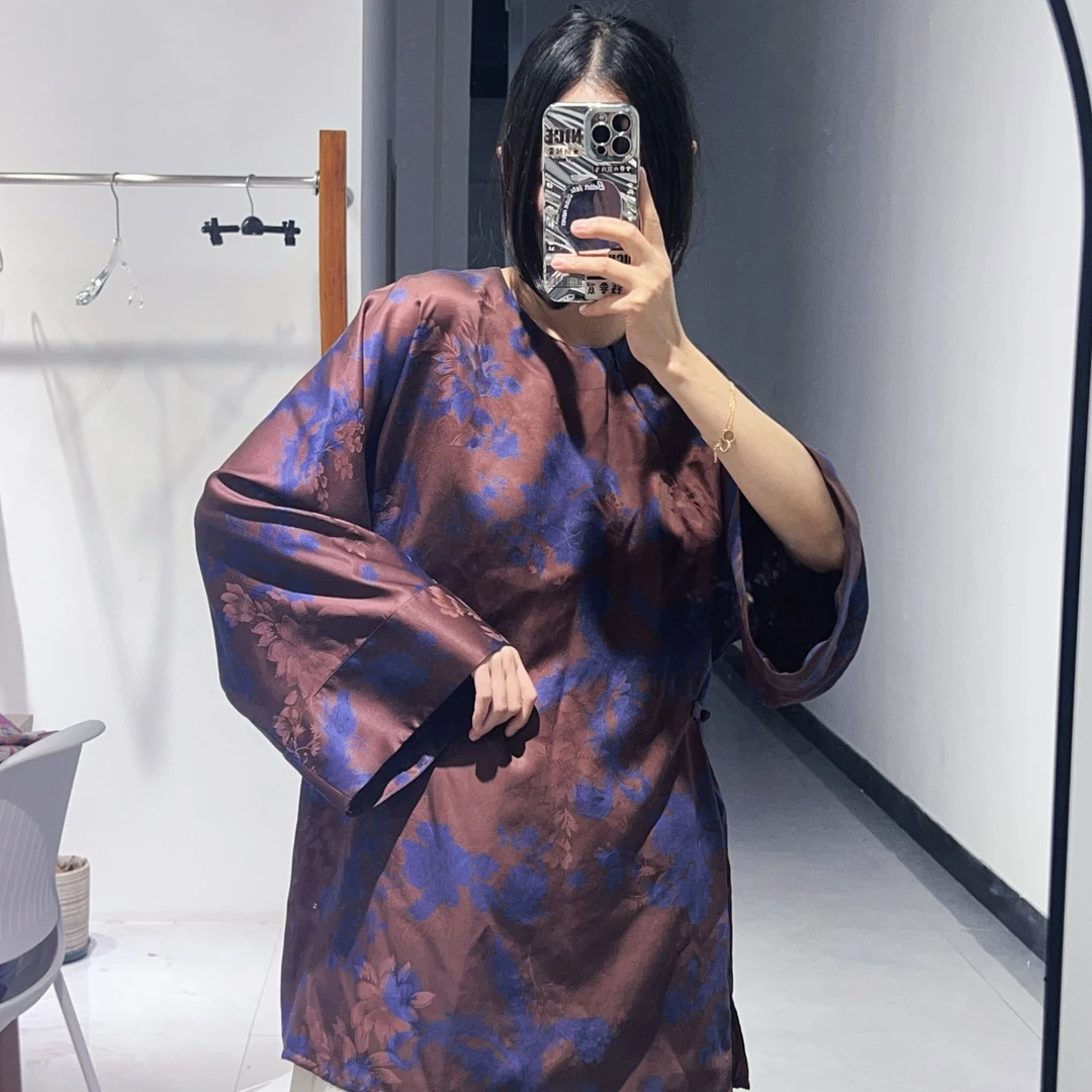35姆米凤凰牡丹小皮子上衣新中式桑蚕丝扎染慵懒风极简女80长