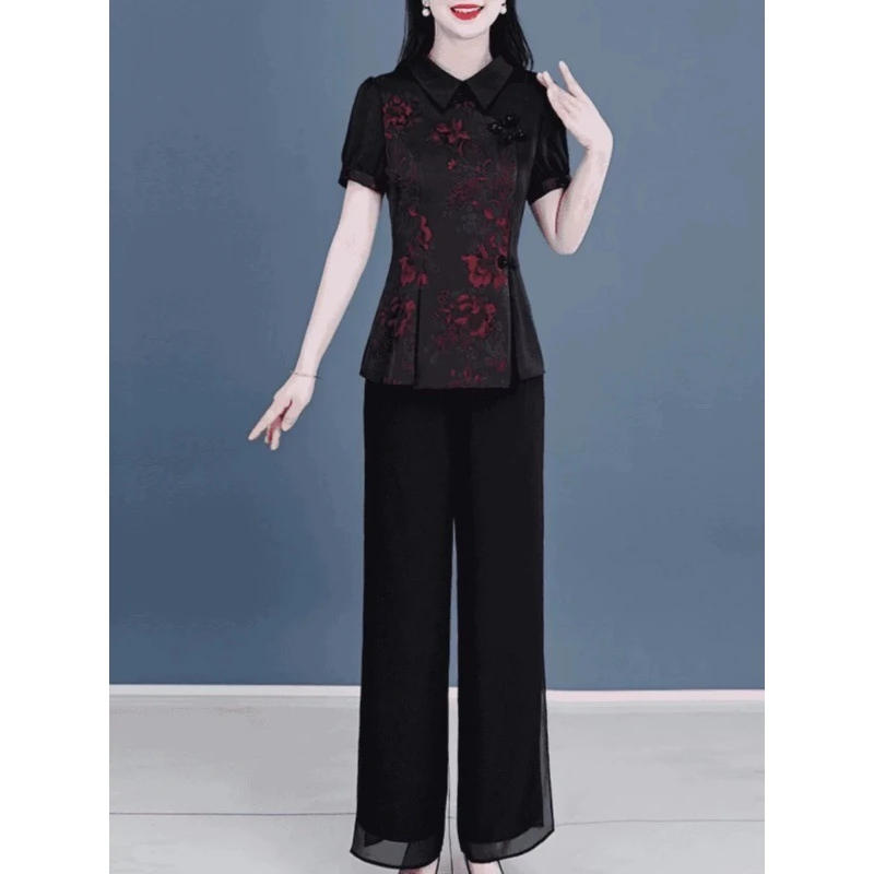 品质保证修身夏季国风新款中年妈妈装改良旗袍复古盘扣时尚套装夏