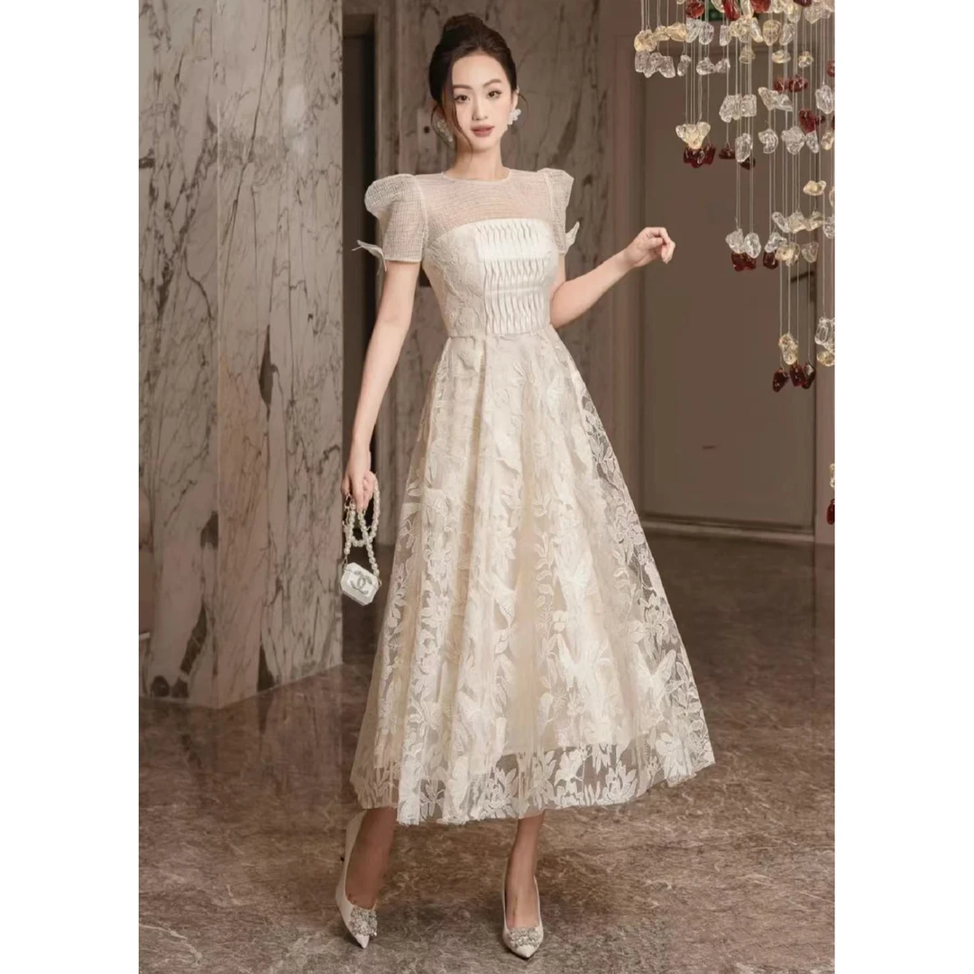 【DÉ MYSTÈRE】法式复古重工刺绣蕾丝连衣裙女收腰显瘦长裙GSEN5355