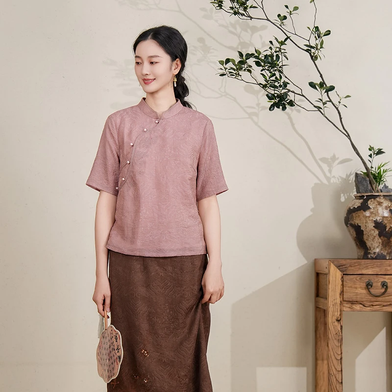 布符2025年夏季珠绣旗袍上衣女装七分袖修身显瘦国风MXQPS32