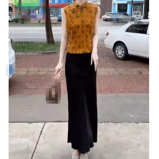 夏季国风新中式无袖印花上衣高腰半身裙女装