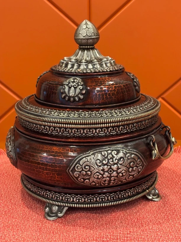 藏式手工红铜带底座糌粑盒精致家居摆件