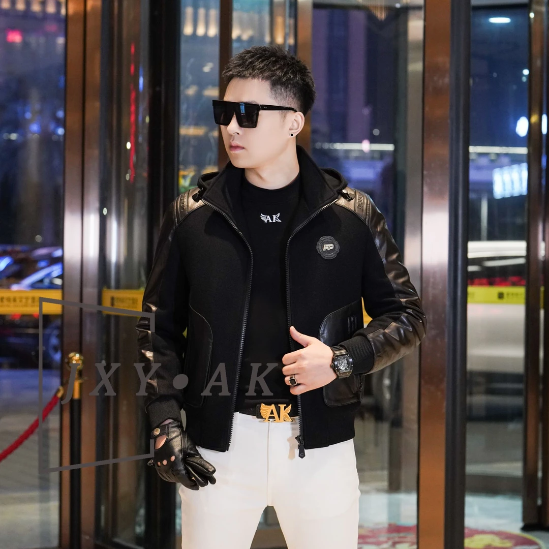 2025冬季新款男士羊毛混纺拼接羊皮夹克白鸭绒羽绒服保暖百搭外套