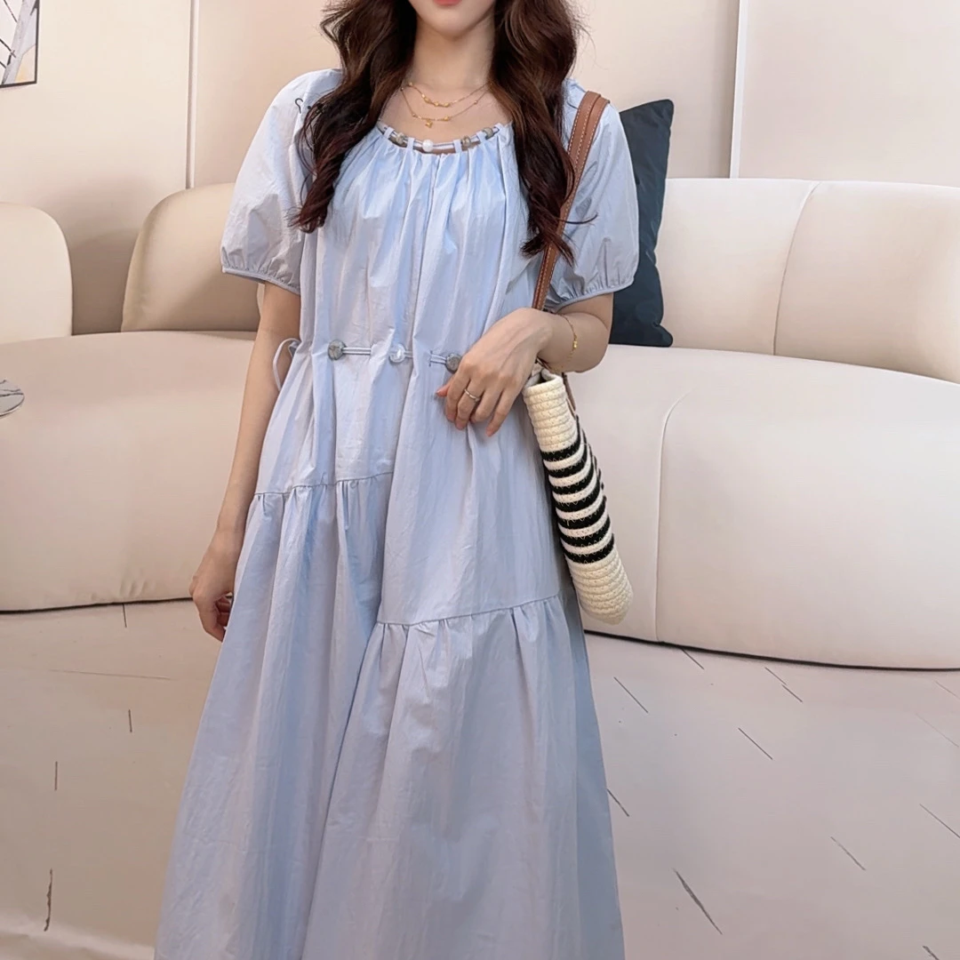 长裙纯色短袖夏季宽松腰连衣裙方领收腰中长款泡泡袖气质