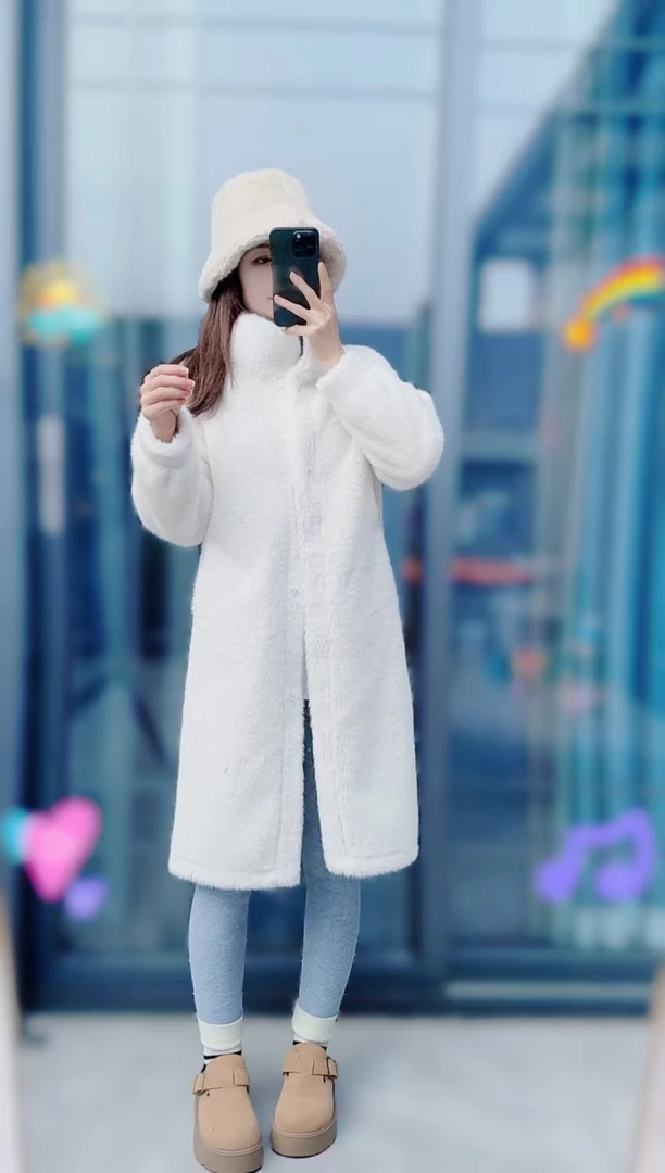 140-158小个子冬季皮毛一体大衣立领中长款休闲加厚保暖毛毛大衣