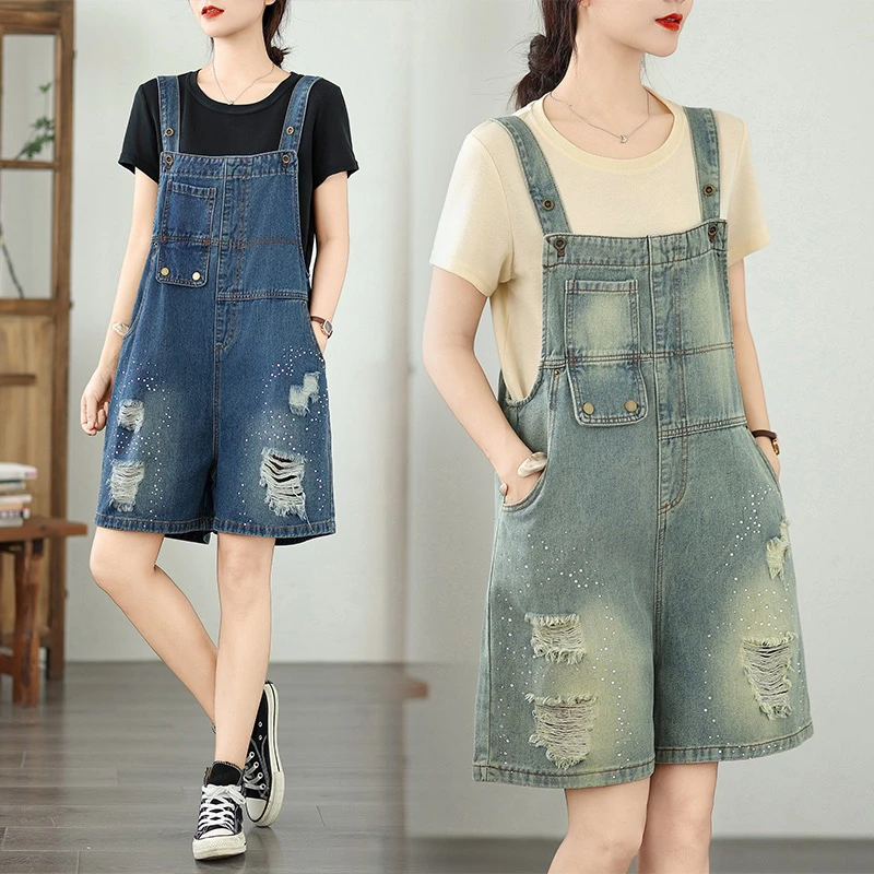 设计感高腰破洞时尚减龄牛仔背带裤女夏季薄款大码梨型身材显瘦潮