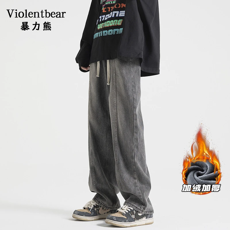 暴力熊2025新款百搭牛仔裤宽松长裤秋冬加绒男女牛仔裤加绒休闲裤