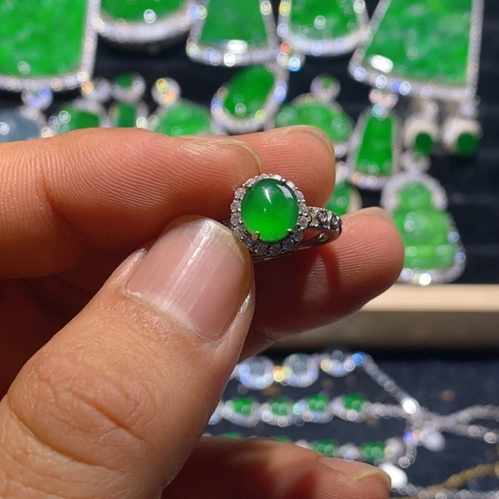 翡翠戒指银S925镶嵌天然A货翡翠