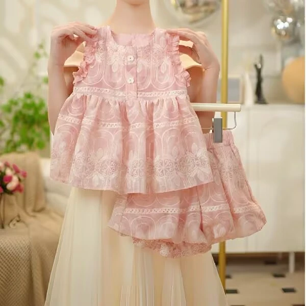 【MM】2025夏季女童原创设计短袖女童刺绣拼色圆领上衣裙裤套装