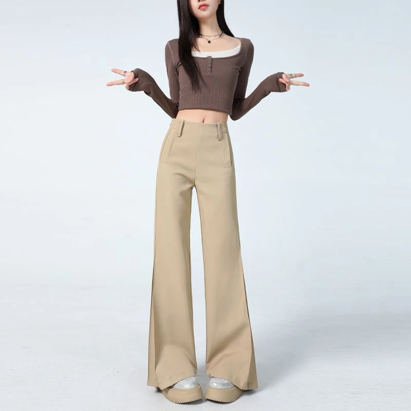 卡其色美式微喇裤女2025新款秋冬加绒加厚高腰马蹄喇叭休闲西装裤