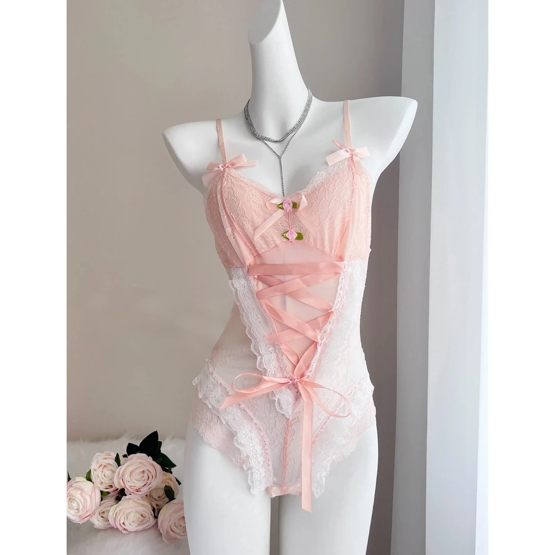 【80-120斤】蕾丝诱惑绑带甜美暗扣吊带睡裙