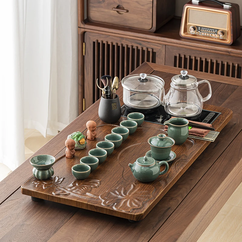 陶瓷茶具套装家用客厅简约实木茶盘烧水壶整套一体功夫茶海全自动