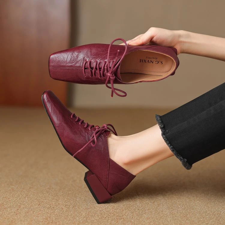 3.5cm 复古百搭单鞋英伦风系带小皮鞋春季简约风时尚方头粗跟单鞋