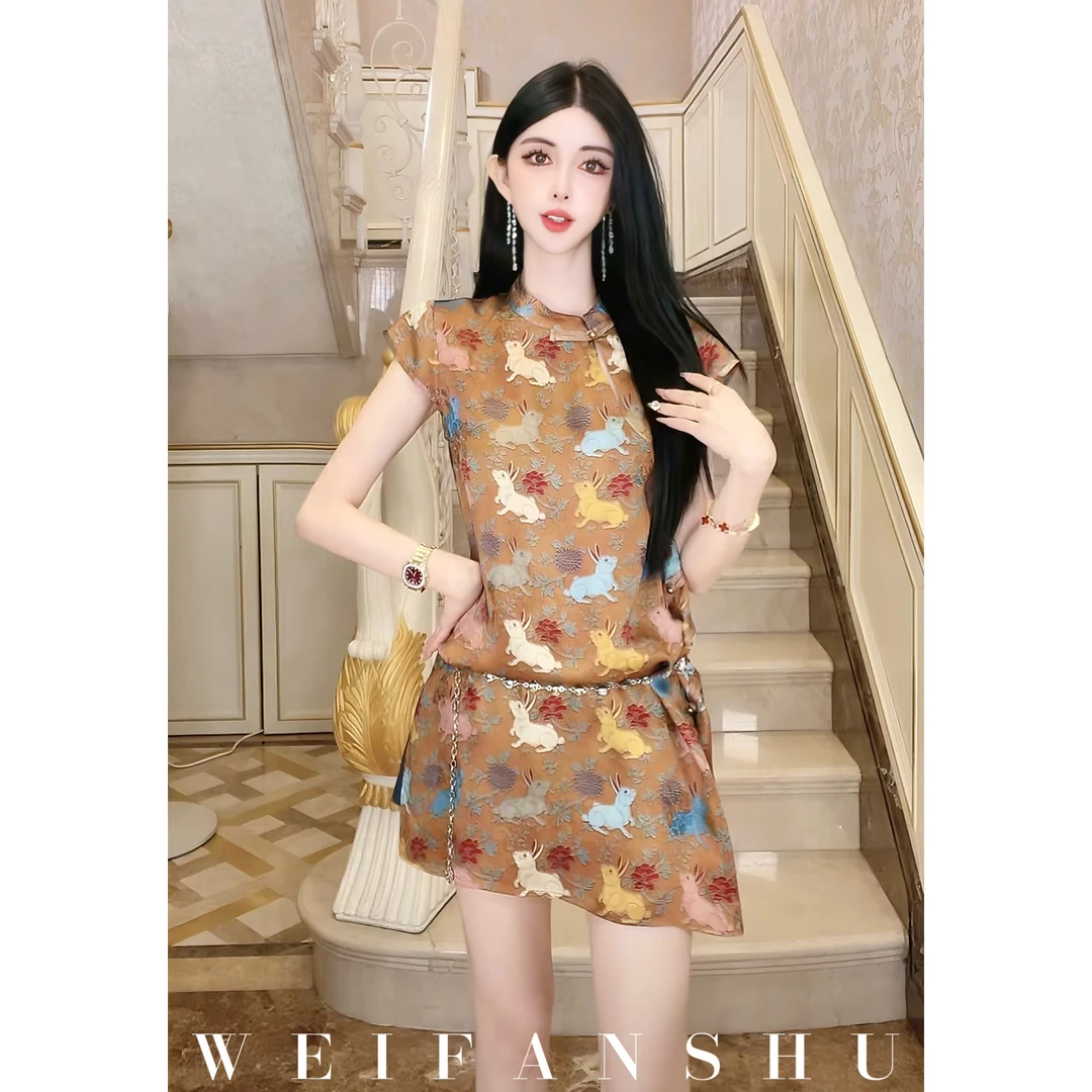WEIFANSHU/魏凡舒【吉兔送福】夏季新款新中式国风复古印花连衣裙