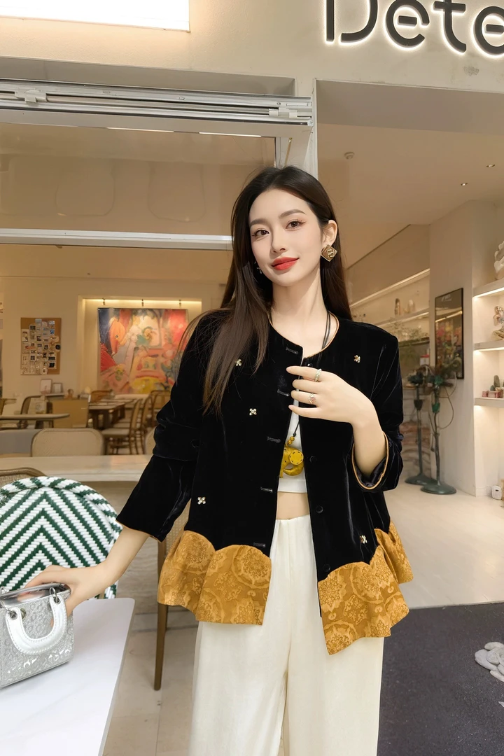 高级感丝绒拼色钉珠外套女2025秋冬新款复古减龄显瘦宽松上衣18