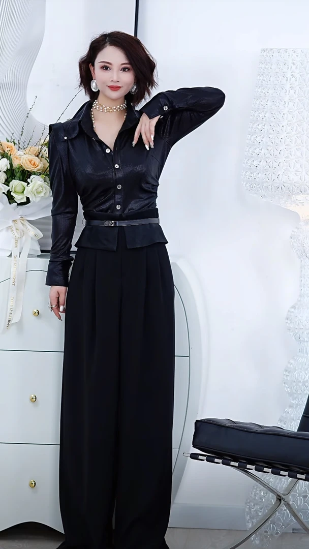 【RZ】腰带翻边气质醋酸阔腿裤