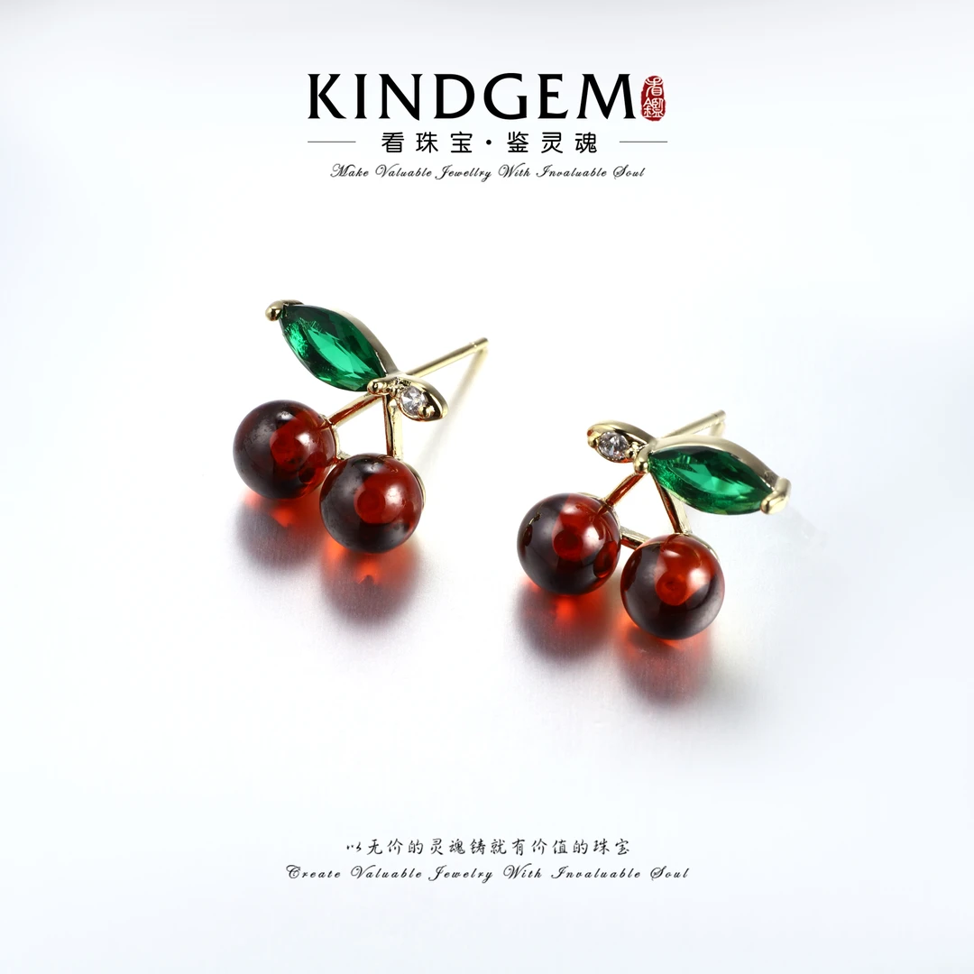 铜合金锆石耳饰 简约精致时尚日常百搭红色小樱桃耳环 C-32827