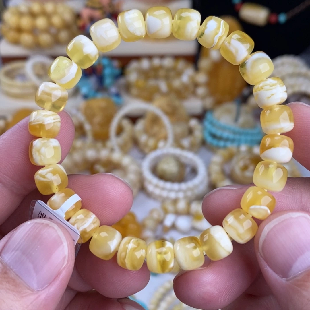 蜜蜡未镶嵌手链金瓷白妖花8.5mm