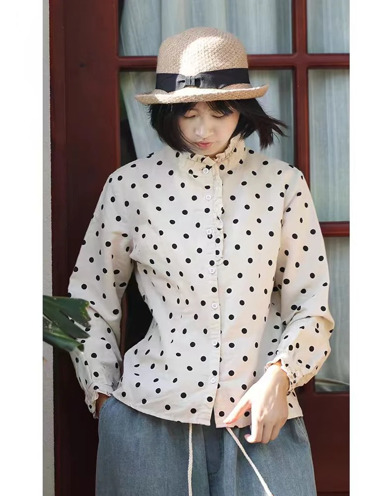 宽松简约圆点棉麻长袖衬衣百搭防晒简约立领排扣衬衫女2025春秋季