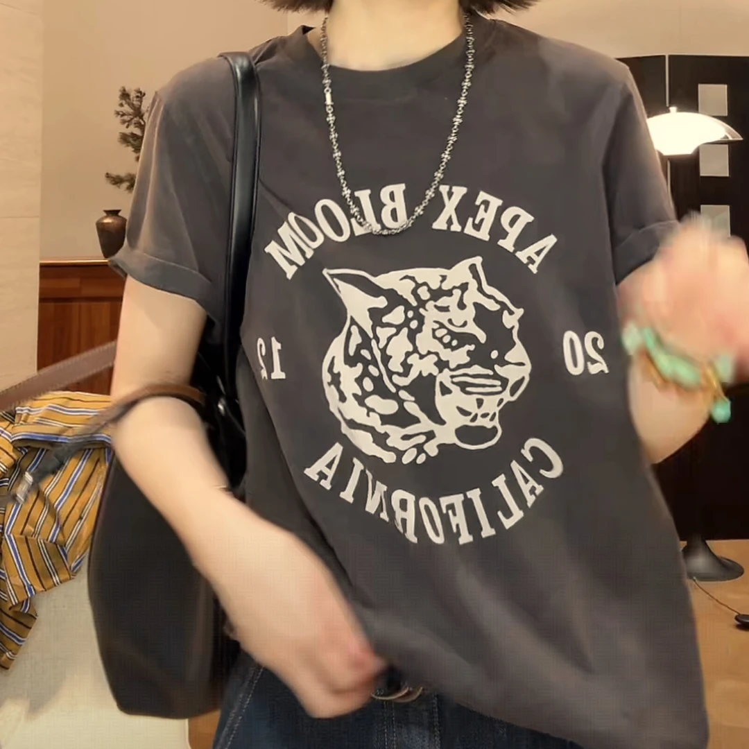 棉质重工酵洗做旧美式印花圆领T恤女2025新款夏季设计感休闲半袖