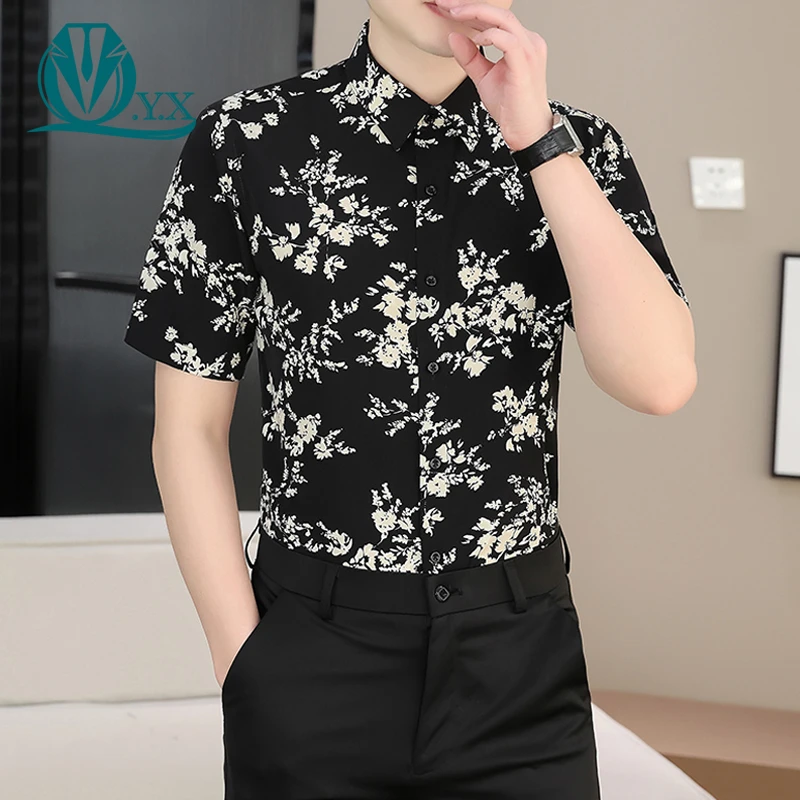 男士碎花短袖衬衫高级感中国风花衬衣夏季男装轻熟风垂感寸衫