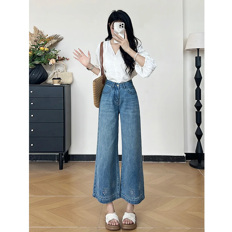 乔栈美式复古蓝镂空刺绣小个子阔腿牛仔裤女秋季爆款高腰显瘦穿搭