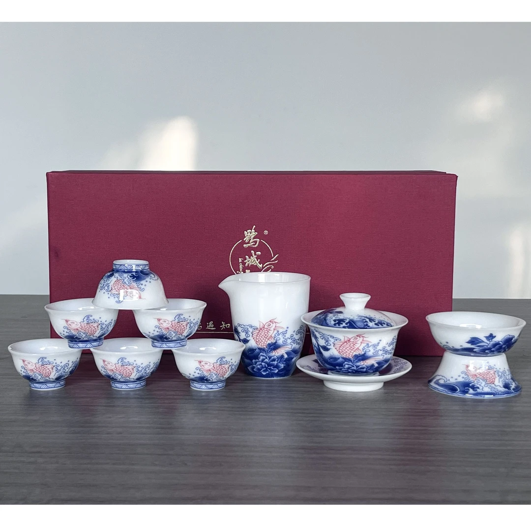 富贵有鱼冰玉瓷茶具功夫茶杯套装盖碗家用高档送礼品茶壶豪华全套