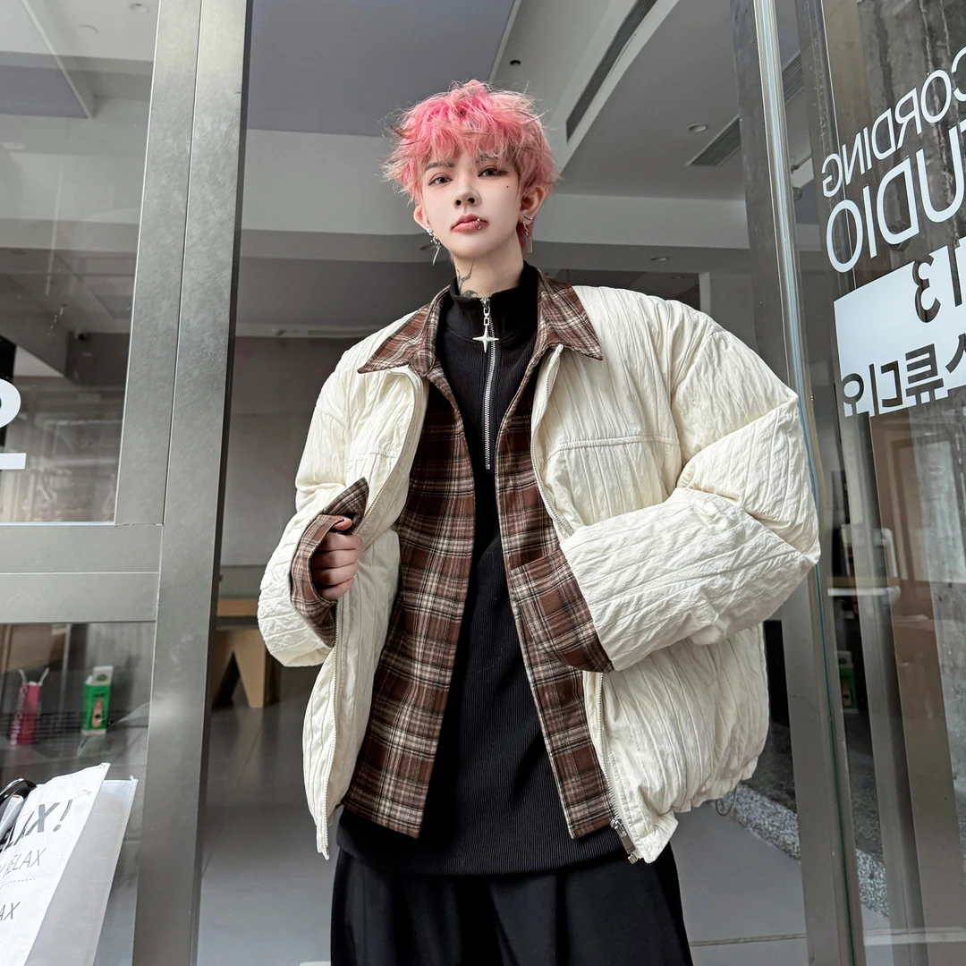2025冬装美式复古撞色拼接格子衬衫棉衣外套男设计感加厚痞帅棉服